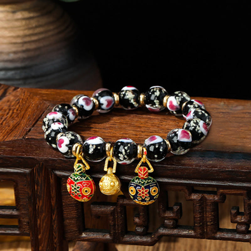 Gold Swallowing Beast Family Pink Love Heart Luminous Fluorescent Liuli Glass Bead Bracelet