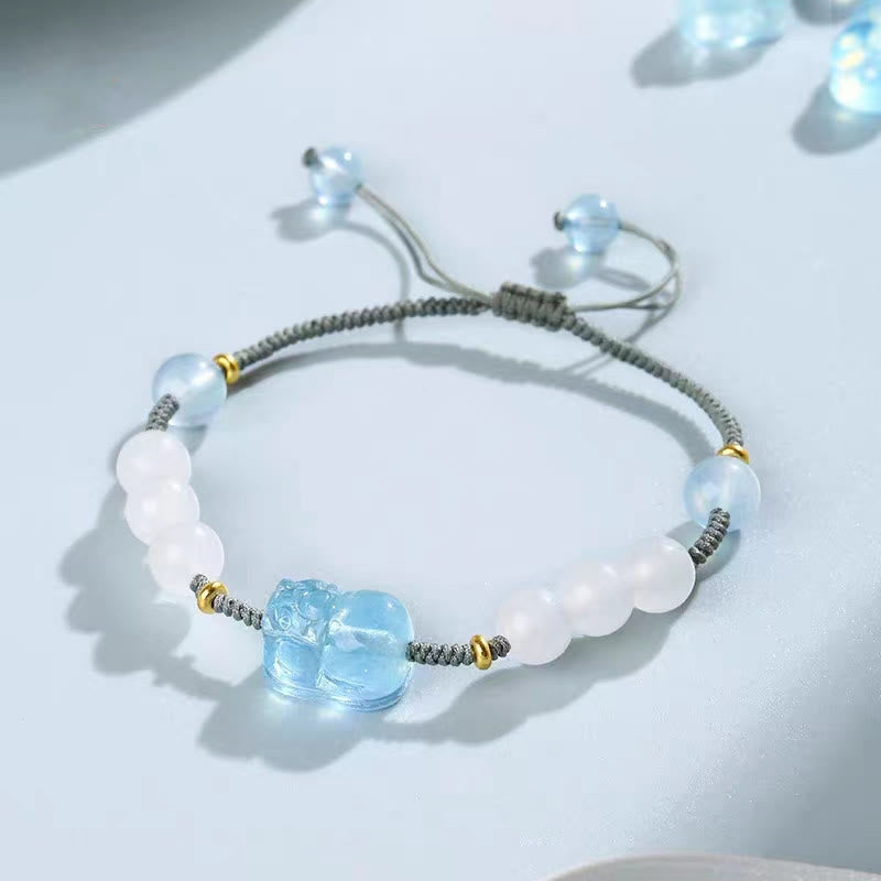 Natural Aquamarine PiXiu Hetian White Jade Healing Bracelet