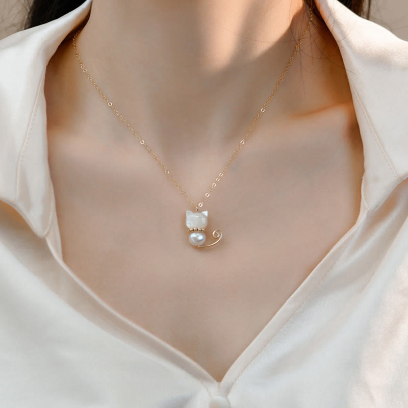 14K Gold Plated Pearl Hetian Jade Shell Luck Cat Kitten Necklace Pendant