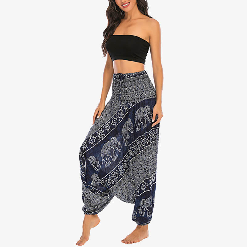 Two Style Wear Elephant Pattern Loose Smocked Harem Trousers Jumpsuit Women's Yoga Pants