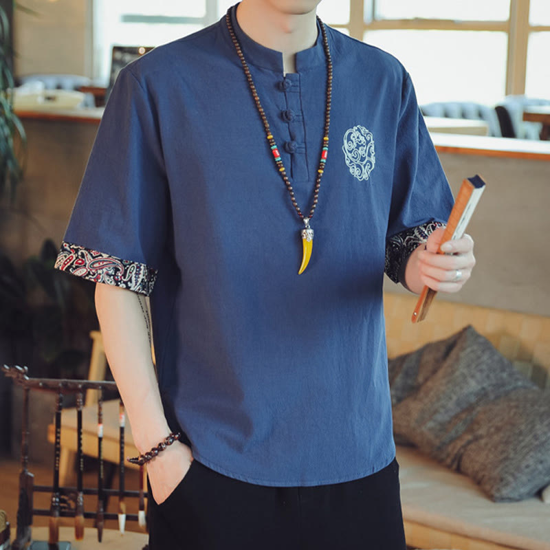 Frog-Button Dragon Embroidery Chinese Tang Suit Short Sleeve Shirt Linen Men Clothing