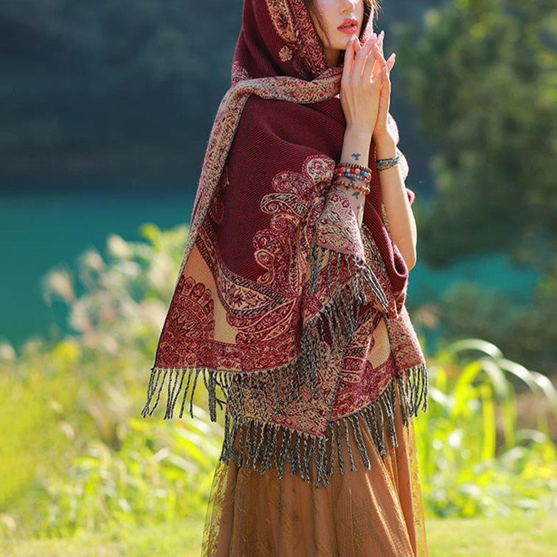 Tibetan Vine Leaves Pattern Design Shawl Cozy Travel Scarf Wrap