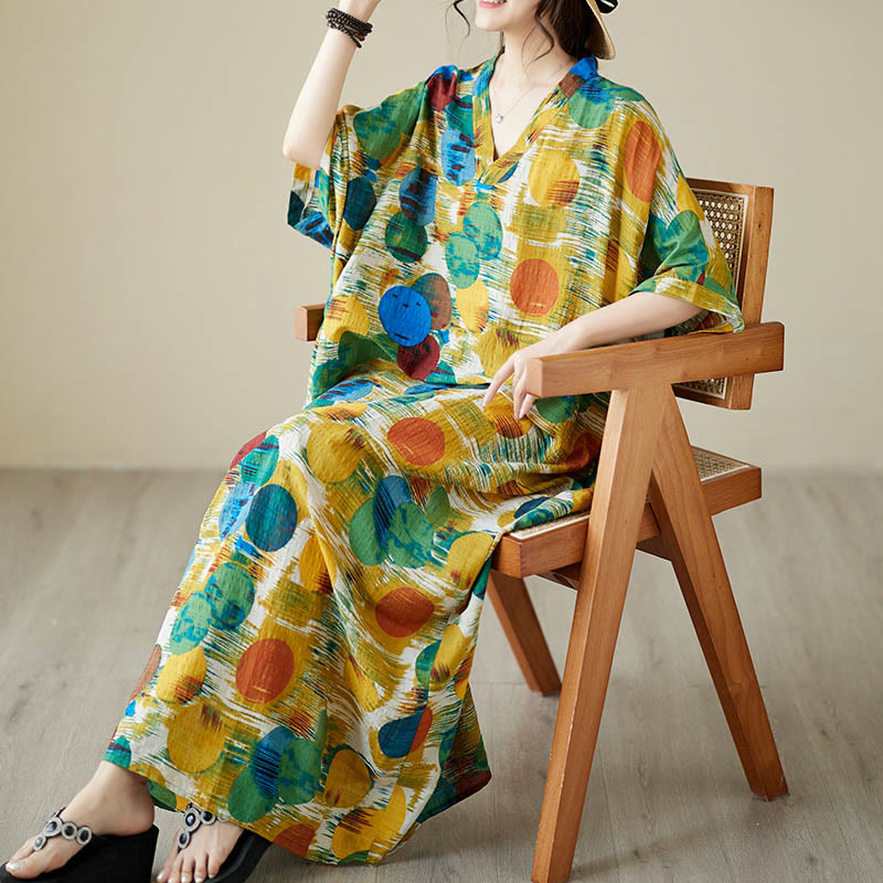 Orange Blue Colorful Polka Dots Midi Dress Cotton Half Sleeve Dress With Pockets