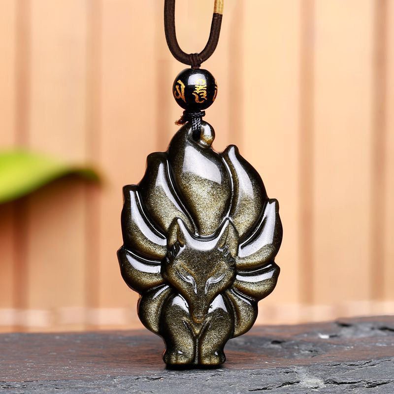 Natural Rainbow Obsidian Gold Sheen Obsidian Nine Tailed Fox Positive Necklace Pendant