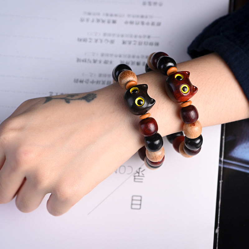 Hand-Carved Cat Engraved Red Sandalwood and Ebony Wood Bracelet