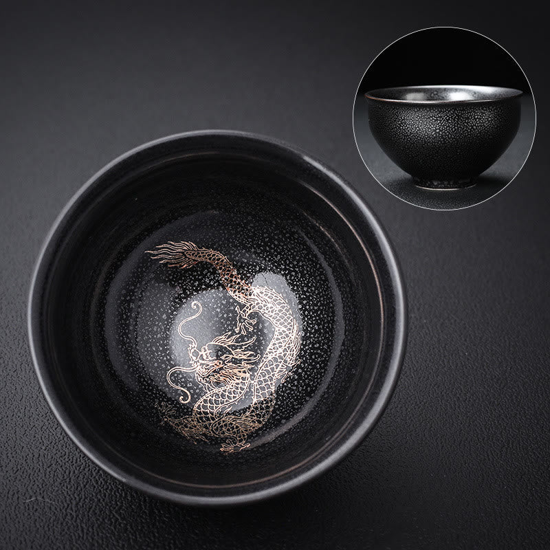 Gold Leaf Chinese Jianzhan Dragon Phoenix Lotus Avalokitesvara Koi Fish Ceramic Teacup Tenmoku Kung Fu Tea Cup Bowl
