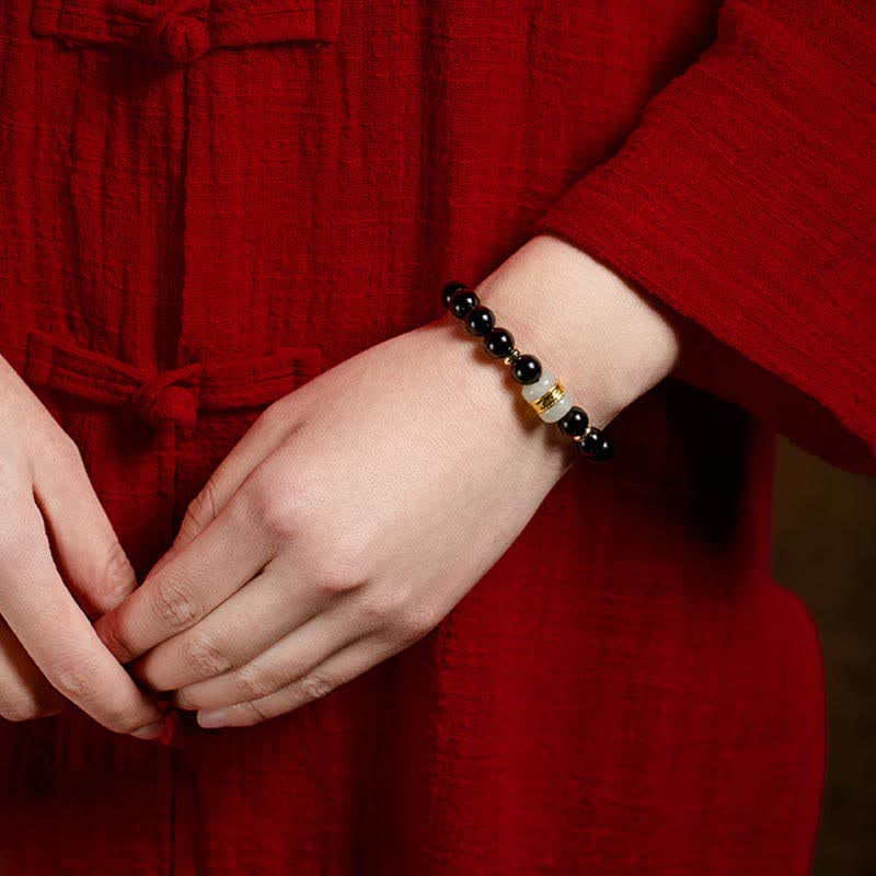 Magnetic Black Obsidian and Jade Om Mani Padme Hum Mantra Gold Plated Couple Bracelet