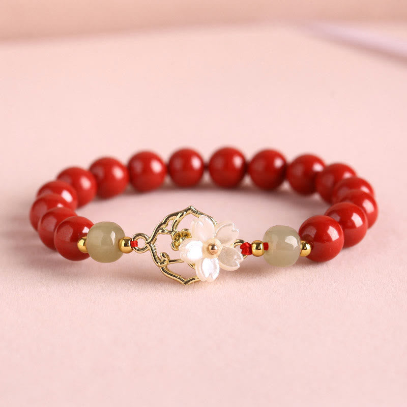 Natural Cinnabar Jade Beaded Tridacna Stone Flower Blessing Bracelet