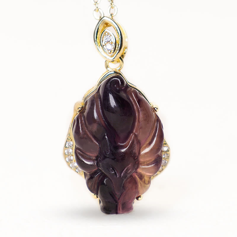 Natural Colorful Fluorite Hand-Carved Nine-Tailed Fox Pendant Necklace