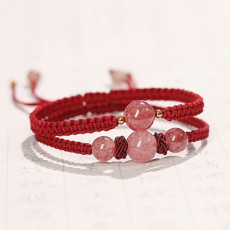 Natural Strawberry Quartz Woven Red String Adjustable Bracelet & Anklet