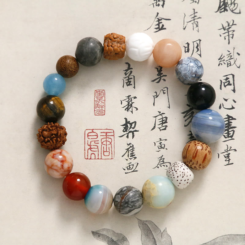 Handmade 18-Bead Bodhi Seed Bracelet with Natural Agate and Clear Quartz