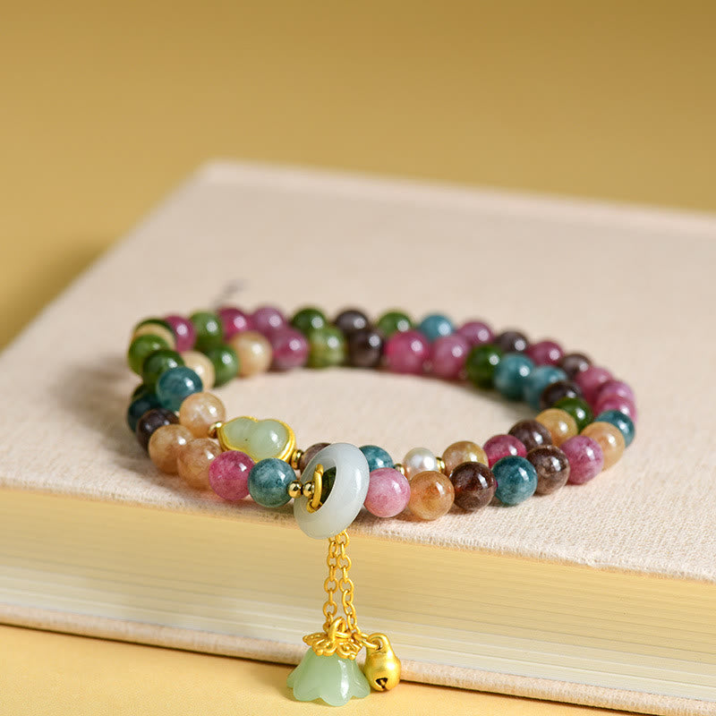 Multicolored Tourmaline Chalcedony Double Wrap Bracelet with Lily of the Valley & Wu Lou Gourd Charms