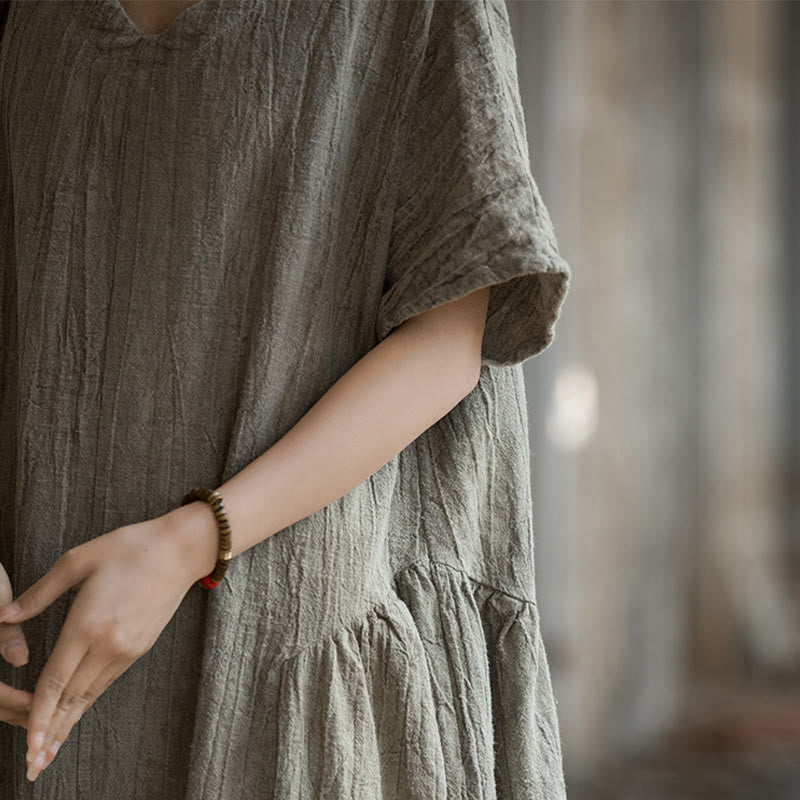 Handmade Tie Dye V-Neck Midi Dress Linen Short Sleeve Dress