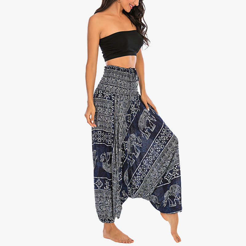 Two Style Wear Elephant Pattern Loose Smocked Harem Trousers Jumpsuit Women's Yoga Pants