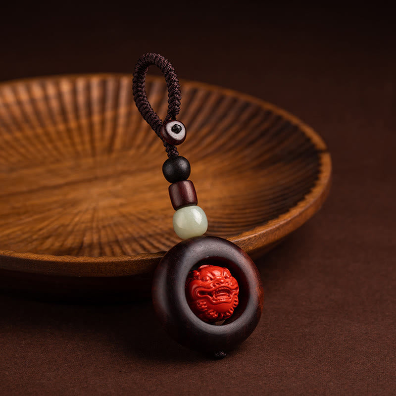 Red Sandalwood & Jade Cinnabar Keychain with Om Mani Padme Hum, Pixiu, or Copper Coin