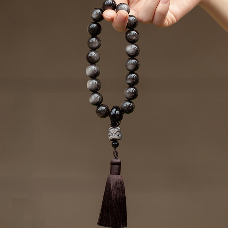 Natural Silver Sheen Obsidian Black Obsidian Lion Wrist Mala Protection Tassels Pocket Mala Car Decoration