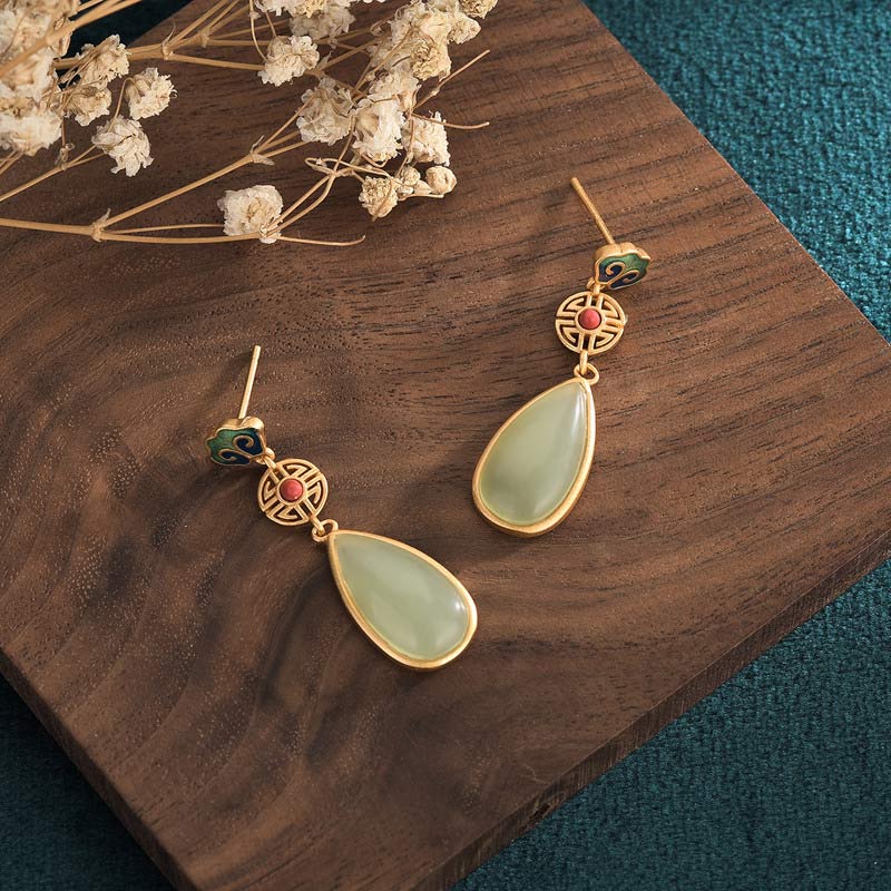 Handmade Jade and Copper Double Happiness Symbol 36mm Drop Earrings