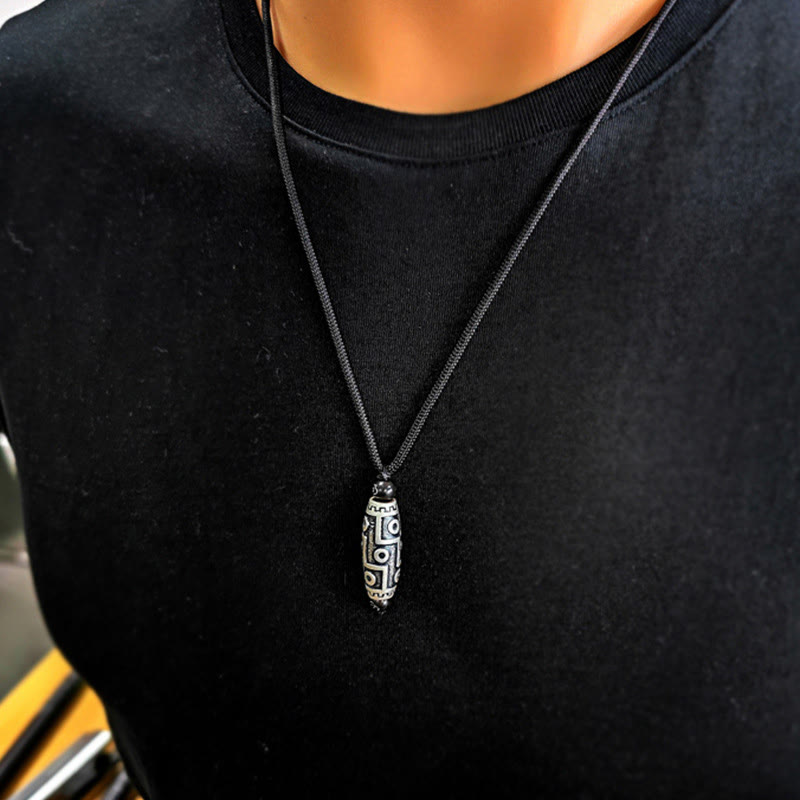 Tibet Nine-Eye Dzi Bead Pattern Copper Auspicious Clouds Wealth Necklace Pendant