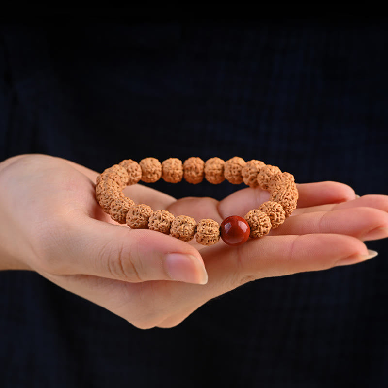 Tibetan Rudraksha & Bodhi Seed Bracelet with Hetian Jade and Gold Sheen Obsidian