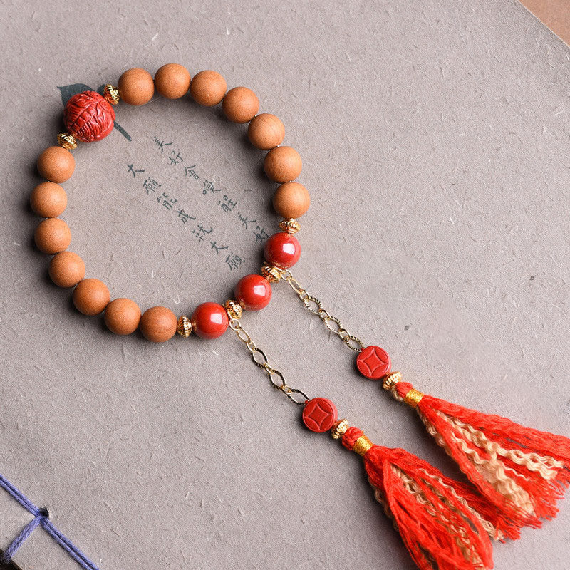 Tibetan Natural Peach Wood and Cinnabar Pixiu Tassel Bracelet