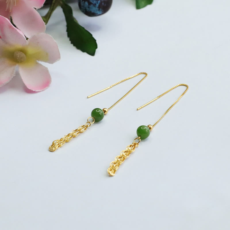 925 Sterling Silver Natural Hetian Cyan Jade Bead Luck Phoenix Tail Drop Earrings