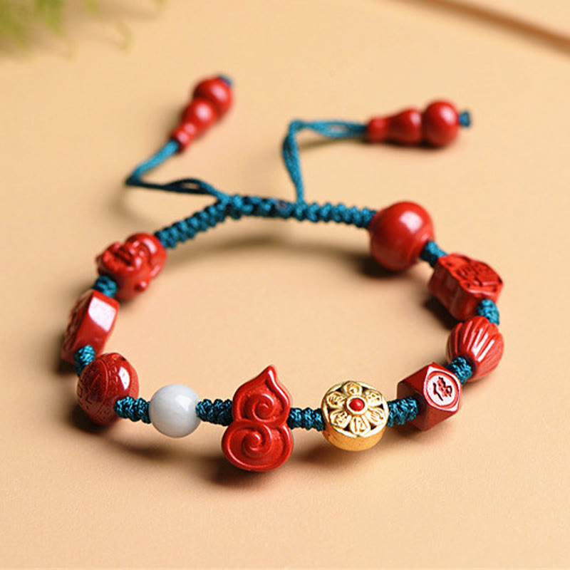 Hand-Carved Cinnabar Om Mani Padme Hum Laughing Buddha Wu Lou Fu Corded Bracelet