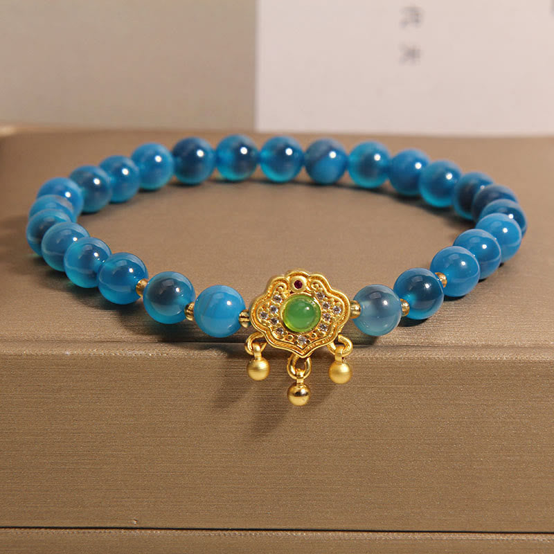 Vibrant Blue Candy Agate and Green Quartz Longevity Lock Charm Bracelet