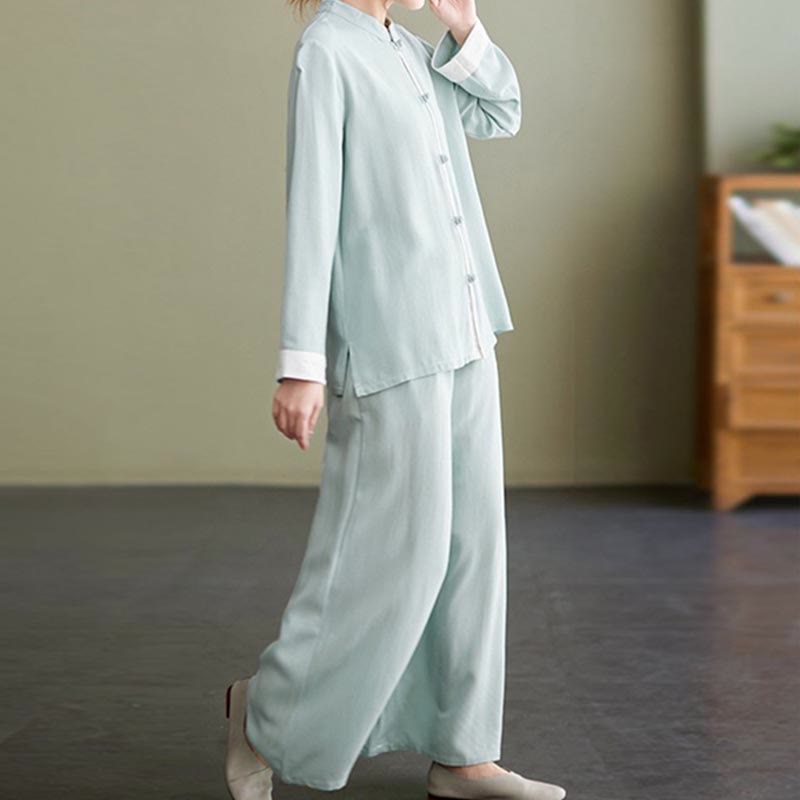 2Pcs Tang Suit Long Sleeve Shirt Top Pants Meditation Zen Tai Chi Cotton Linen Clothing Women's Set