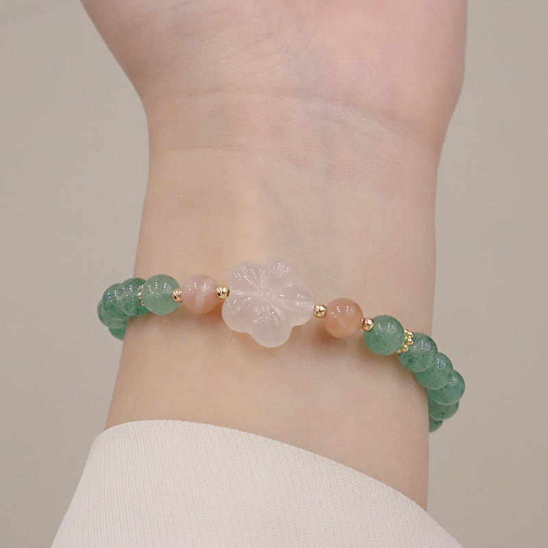 Natural Green Strawberry Quartz and Chalcedony Flower Beaded Bracelet