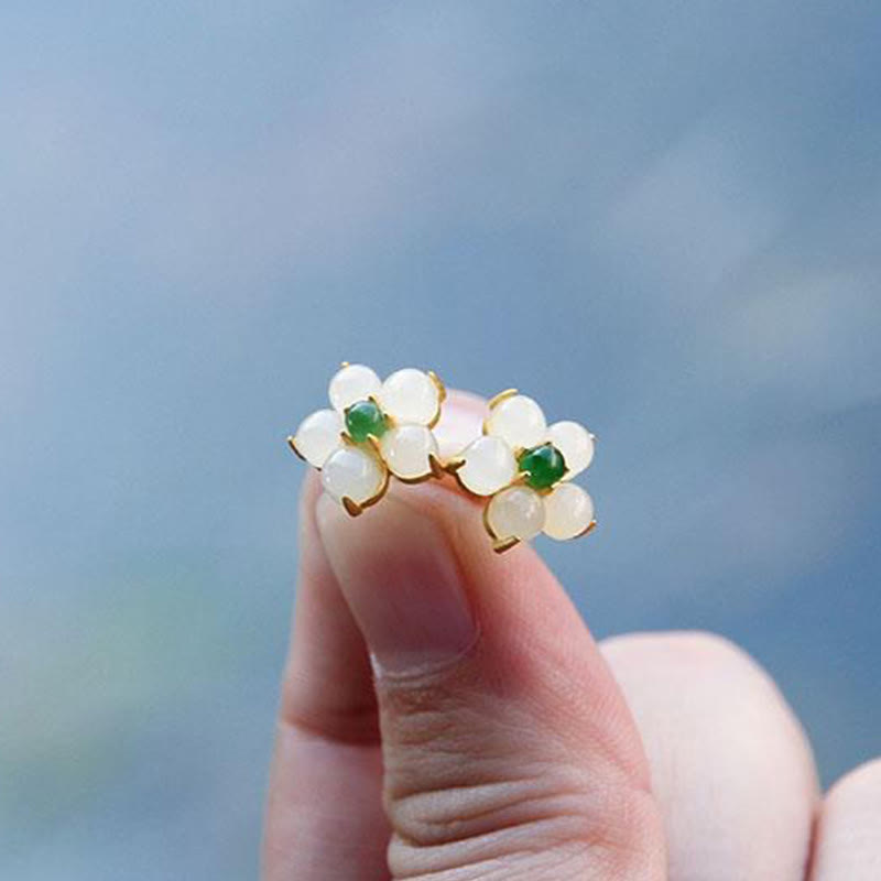 White Jade Flower Luck Blessing Stud Earrings