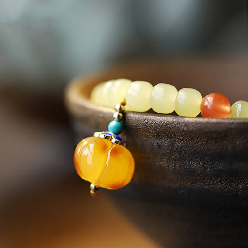 Natural Hetian Jade Amber and Red Agate Pumpkin Carved Gemstone Bracelet