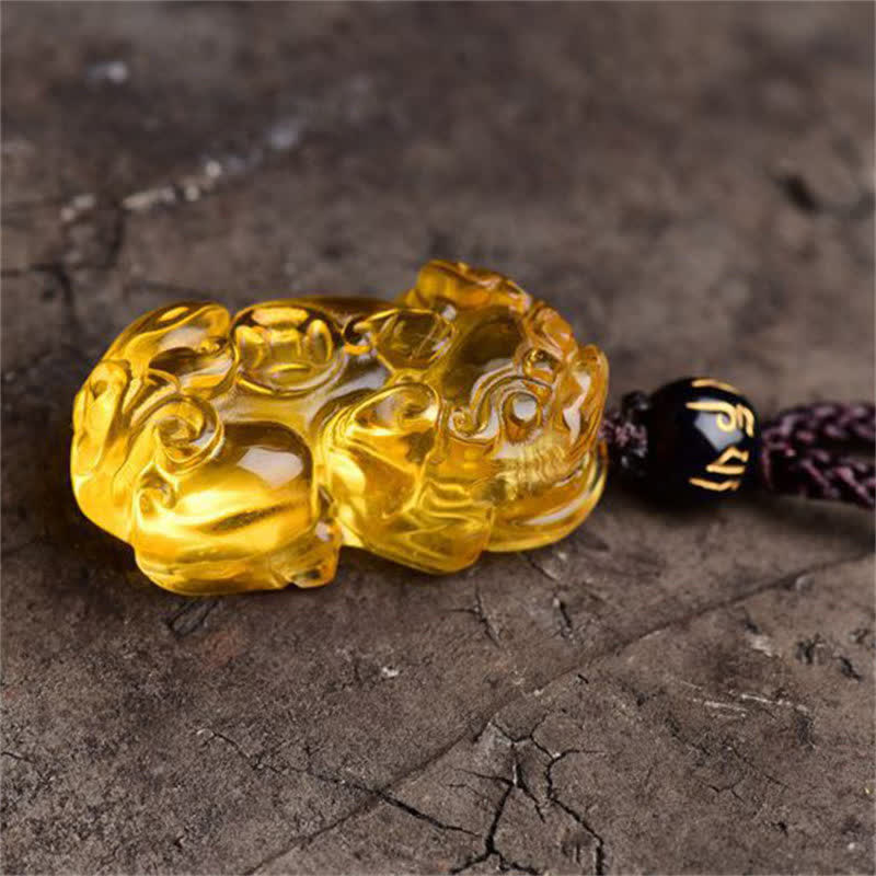 Natural Citrine Pixiu Hand-Carved Unisex Pendant Necklace