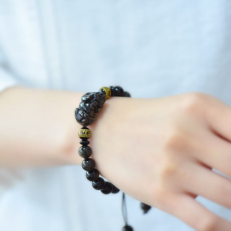 Natural Gold Sheen Obsidian Pixiu Om Mani Padme Hum Braided Bracelet
