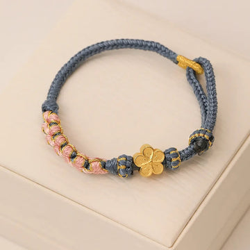 Handcrafted Red String Bracelet with Gold-Toned Copper Peach Blossom Charm