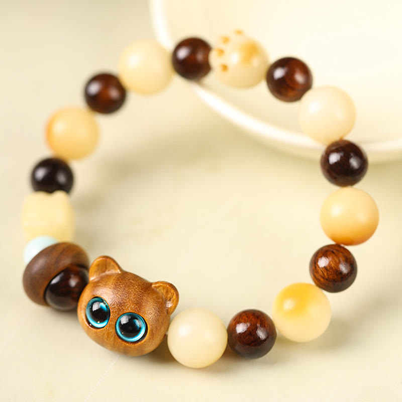 Natural Bodhi Seed Sandalwood Lucky Cute Cat Head Paw Claw Peace Bracelet
