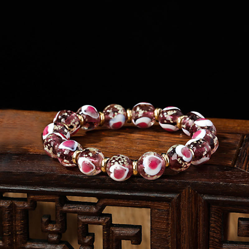 Gold Swallowing Beast Family Pink Love Heart Luminous Fluorescent Liuli Glass Bead Bracelet