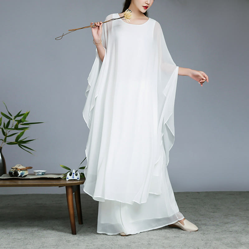 Lightweight Chiffon Flowing Midi Dress and Wide-Leg Meditation Set