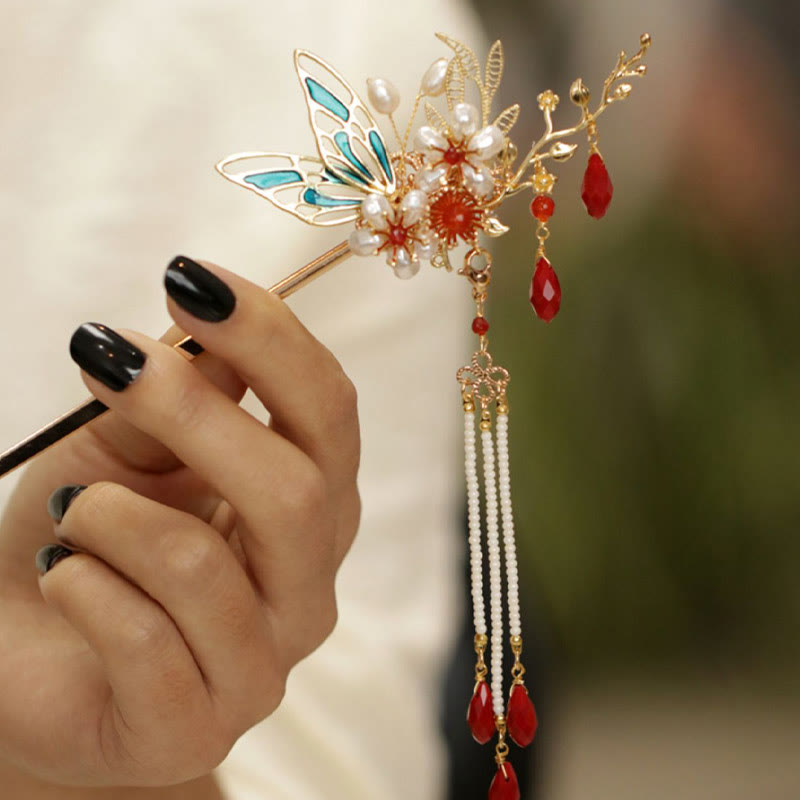 Classical Chinese Style Flower Branche Butterfly Pearl Tassel Hair Clip Hair Comb Hair Crown