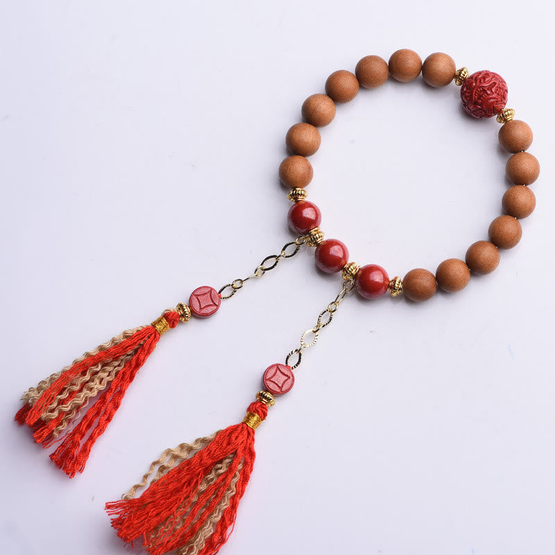 Tibetan Natural Peach Wood and Cinnabar Pixiu Tassel Bracelet