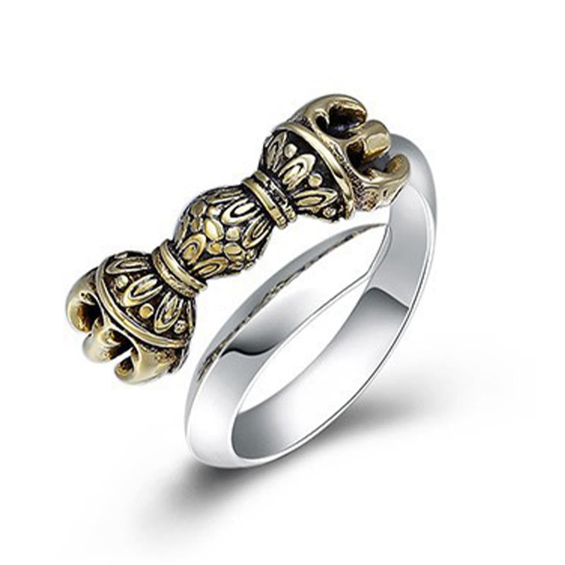 Tibetan Vajra Engraved Sterling Silver and Copper Adjustable Ring