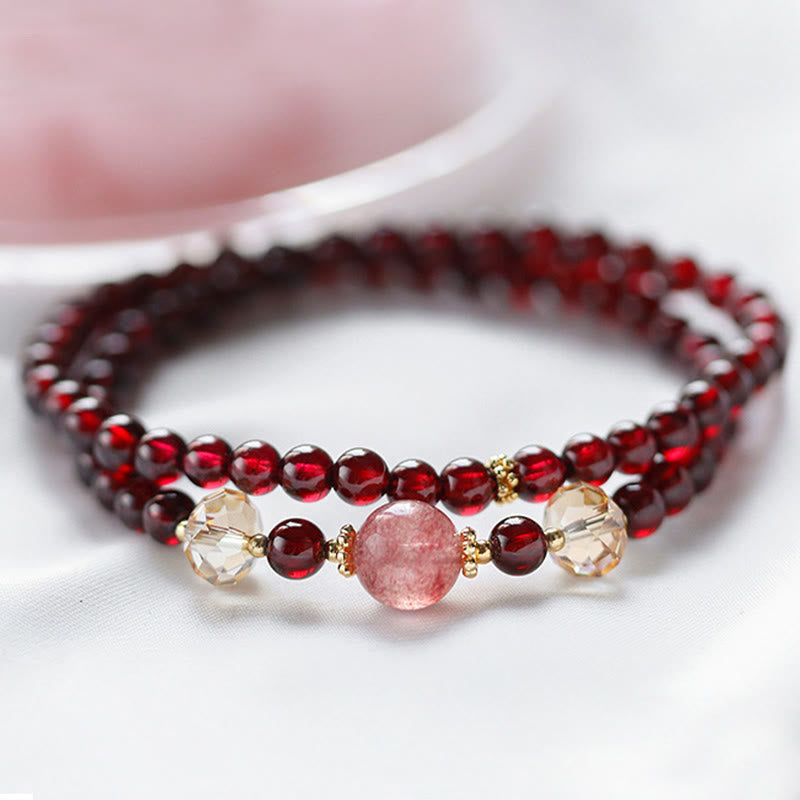 14K Gold Plated Natural Garnet Strawberry Quartz Stability Double Wrap Bracelet