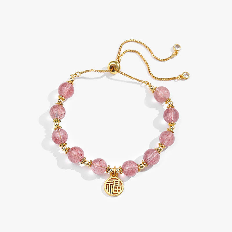 Natural Strawberry Quartz 14K Gold Plated Fu Character Charm Beaded Bracelet