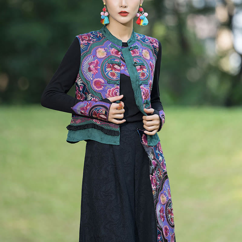 Frog-Button Embroidery Flowers Cotton Linen Tang Suit Design Sleeveless Vest