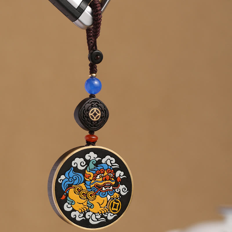 PiXiu Copper Coin Ebony Wood Luck Attract Wealth Key Chain Decoration