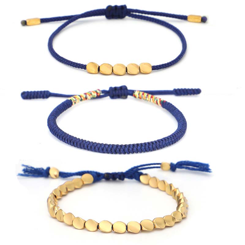 Handmade Tibetan Copper Beads & Endless Knot Woven Bracelet Set - 3 Pieces
