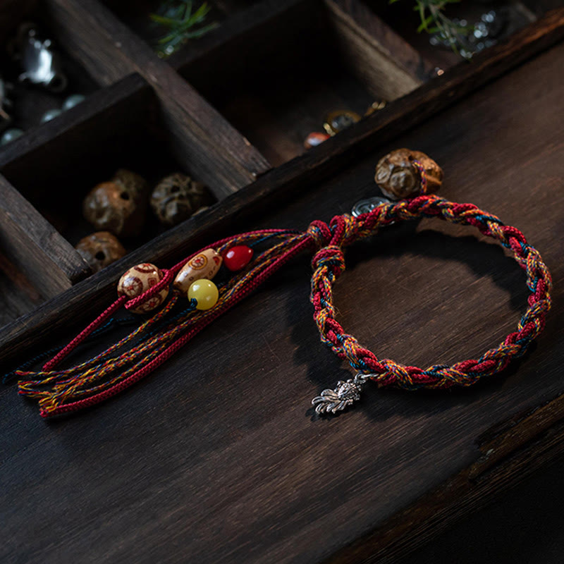 Tibetan Handmade Red String Bracelet with 925 Sterling Silver Koi Fish & Auspicious Clouds