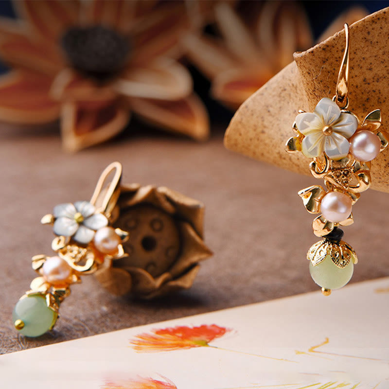14K Gold Plated Tridacna Flower Pearl and Gemstone Drop Earrings