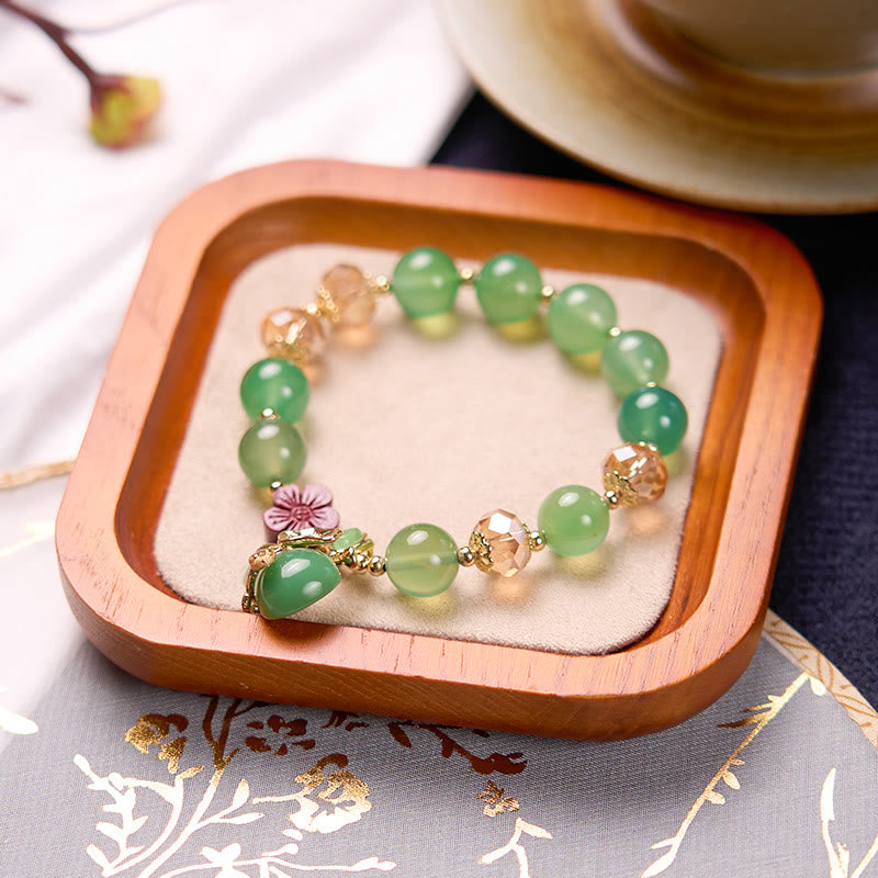 Natural Agate and Clear Quartz Beaded Bracelet with Cinnabar Flower and Wu Lou Gourd