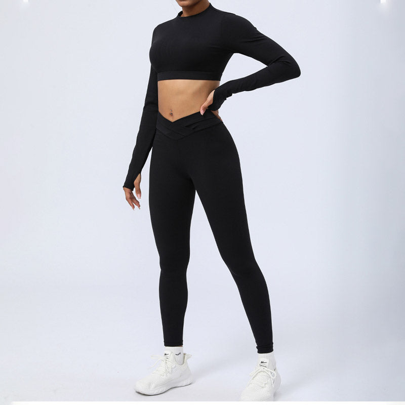 2Pcs Long Sleeve Backless Top Bra Leggings Pants Fitness Yoga Outfit Set