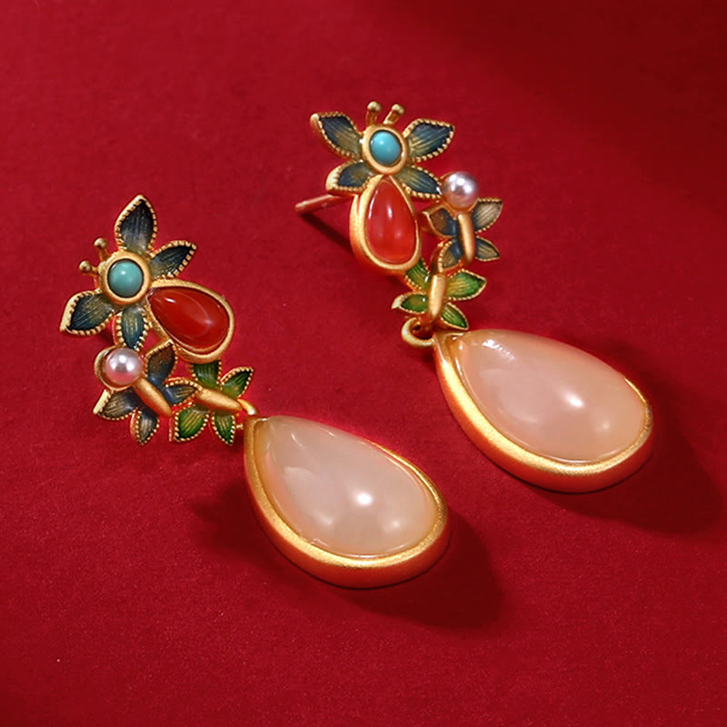 Water Drop White Jade Red Agate Butterfly Protection Drop Dangle Earrings
